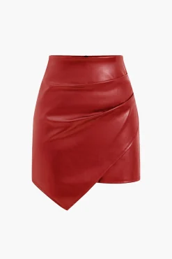 Asymmetrical Faux Leather Ruched Skirt