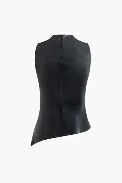 Asymmetrical Hem Faux Leather Mock Neck Ruched Sleeveless Top