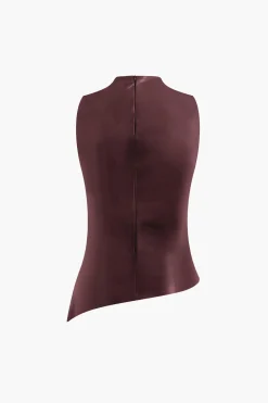 Asymmetrical Hem Faux Leather Mock Neck Ruched Sleeveless Top