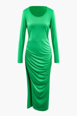 Asymmetrical Hem Round Neck Ruched Long Sleeve Maxi Dress
