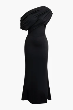 Asymmetrical One Shoulder Ruched Slit Maxi Dress