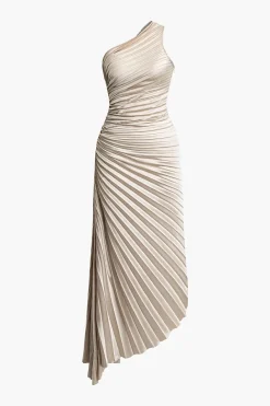 Asymmetrical One Shoulder Pleated Midi Dress