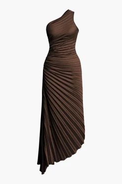 Asymmetrical One Shoulder Pleated Midi Dress
