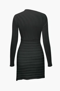 Asymmetrical Ripped Cut Out Knit Long Sleeve Mini Dress