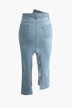 Asymmetrical Ripped Denim Midi Skirt