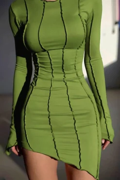 Asymmetrical Round Neck Seam Detail Long Sleeve Mini Dress