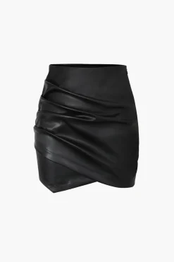 Asymmetrical Ruched Faux Leather Mini Skirt