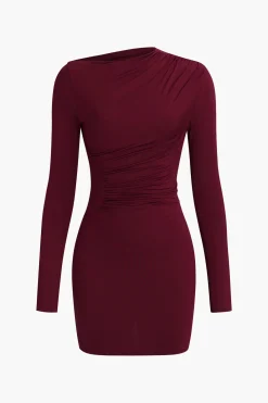 Asymmetrical Ruched Long Sleeve Mini Dress