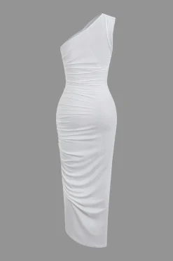 Asymmetrical Ruched One Shoulder Midi Dress