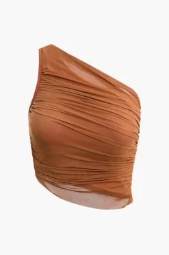 Asymmetrical Ruched Sleeveless Mesh Swimsuit