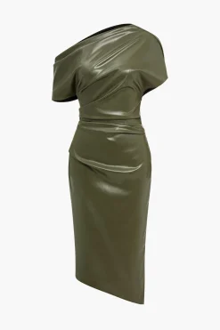 Asymmetrical Shoulder Faux Leather Bodycon Dress