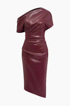 Asymmetrical Shoulder Faux Leather Bodycon Dress