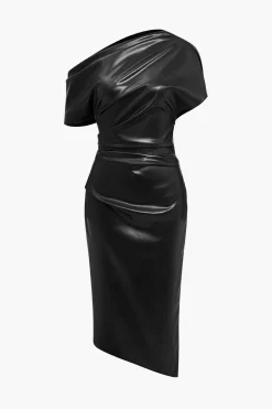 Asymmetrical Shoulder Faux Leather Bodycon Dress