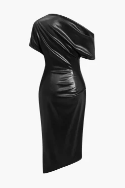 Asymmetrical Shoulder Faux Leather Bodycon Dress