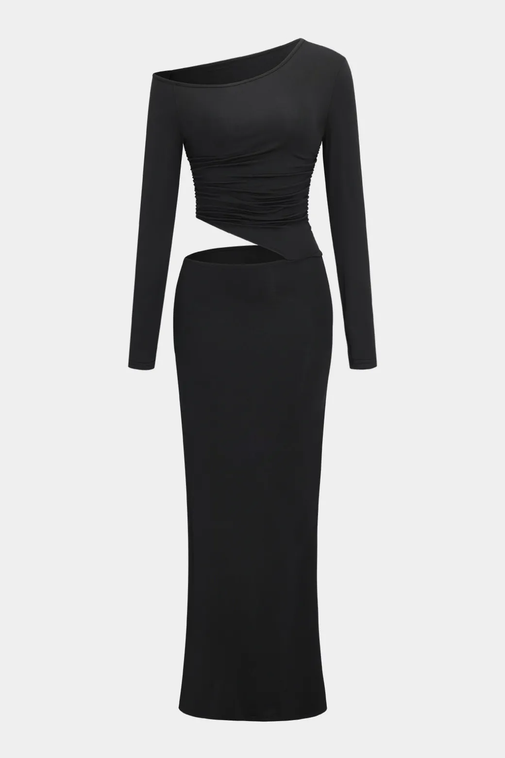 Asymmetrical Shoulder Long Sleeve Maxi Dress