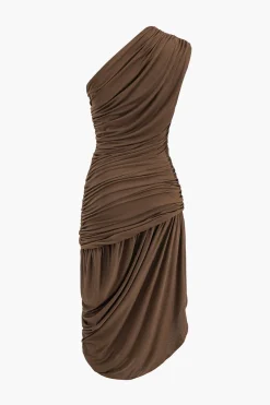 Asymmetrical Sleeveless Ruched Midi Dress
