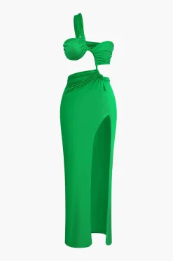 Asymmetrical Twist Ruched Slit One Shoulder Maxi Dress