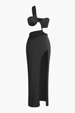 Asymmetrical Twist Ruched Slit One Shoulder Maxi Dress