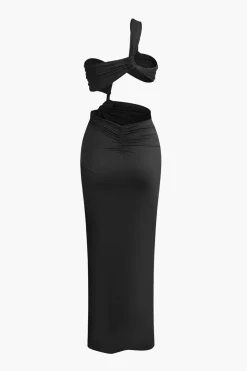 Asymmetrical Twist Ruched Slit One Shoulder Maxi Dress