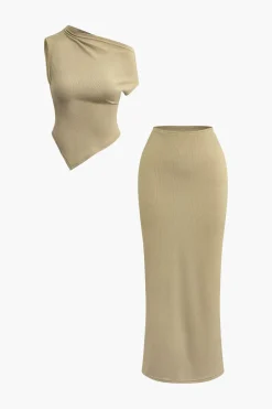 Asymmetrical Twist Top And High Waist Maxi Skirt Set