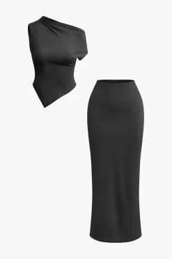 Asymmetrical Twist Top And High Waist Maxi Skirt Set