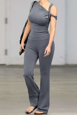 Asymmetrical Twisted Top And Flared Pants Set
