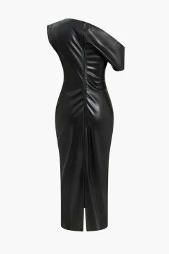 Asymmetry Faux Leather Zipper Midi Dress