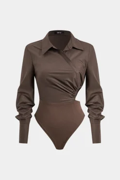 Asymmetry Patchwork Ruched Cut Out Long Sleeve Bodysuit