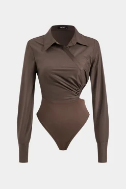Asymmetry Patchwork Ruched Cut Out Long Sleeve Bodysuit