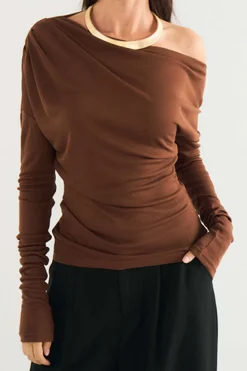 Asymmetry Shoulder Ruched Long-Sleeve Top