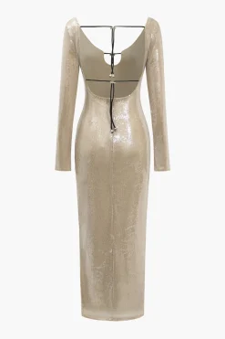 Backless Drawstring Sequin Midi Dress