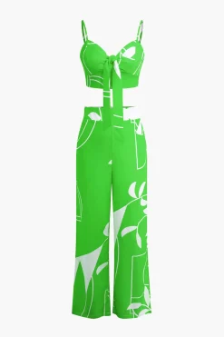 Bamboo Leaf Print Knot Cami Top And Pants Set