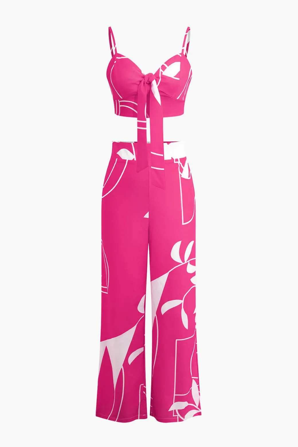 Bamboo Leaf Print Knot Cami Top And Pants Set