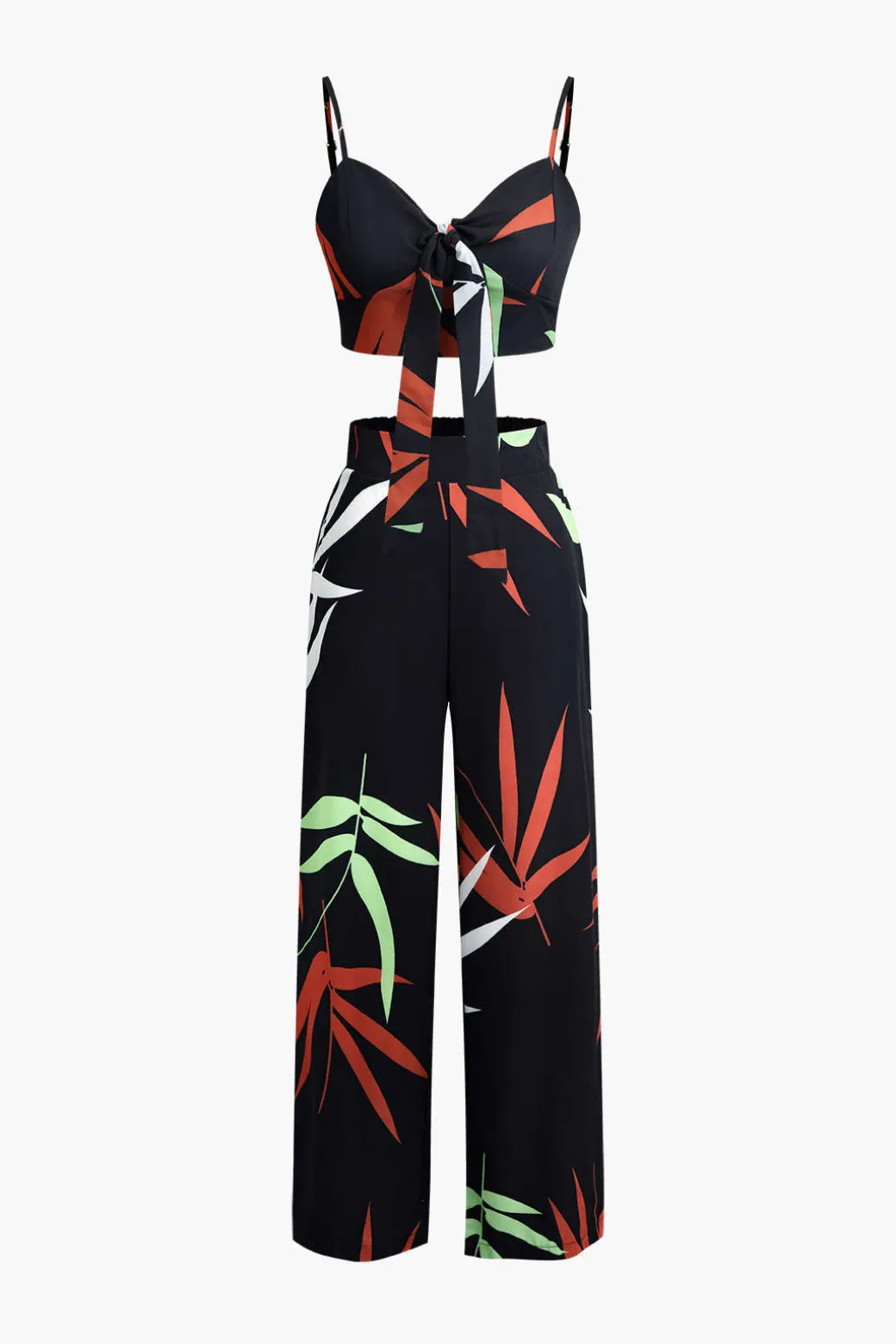 Bamboo Leaf Print Knot Cami Top And Pants Set
