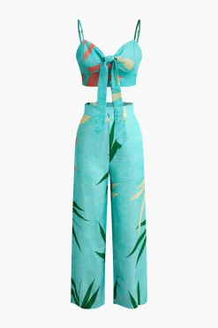 Bamboo Leaf Print Knot Cami Top And Pants Set
