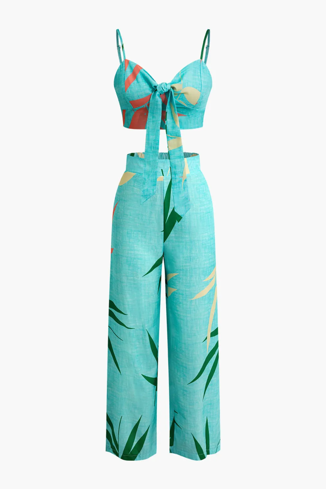 Bamboo Leaf Print Knot Cami Top And Pants Set