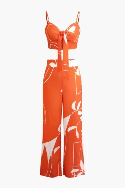 Bamboo Leaf Print Knot Cami Top And Pants Set