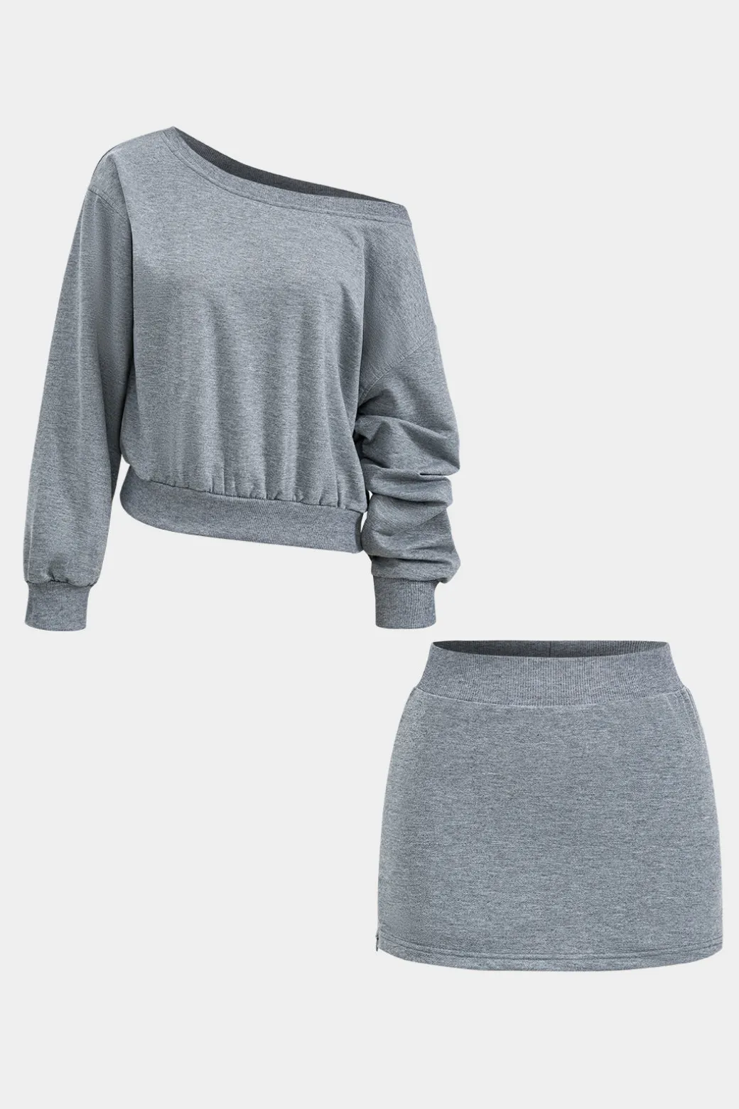 Basic Asymmetry Long Sleeve Top And Skirt Set