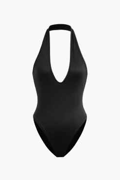 Basic Halter Neck Deep V Neck Sleeveless Bodysuit