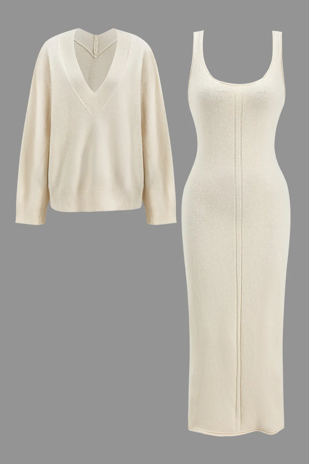 Basic Knit V-Neck Top And Dress Set
