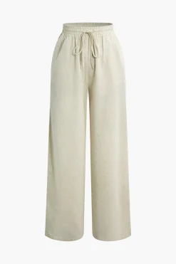 Basic Linen Drawstring Wide Leg Pants