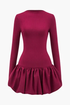 Basic Long Sleeve Cut Out Puff Hem Mini Dress