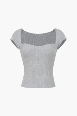 Basic Ribbed Square Neck Short Sleeve T-Shirt