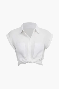 Basic Rolled Cuff Knotted Hem Shirt