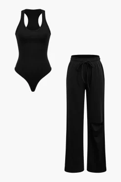 Basic Round Neck Sleeveless Bodysuit And Ripped Drawstring Straight Leg Pants Set