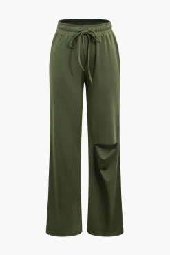 Basic Round Neck Sleeveless Bodysuit And Ripped Drawstring Straight Leg Pants Set