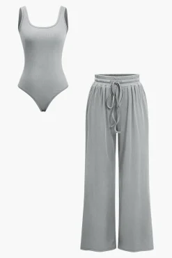 Basic Solid Bodysuit And Trouser Set