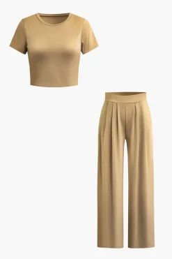 Basic Solid Crop T-shirt And Pleated High Waist Wide Leg Pants Set