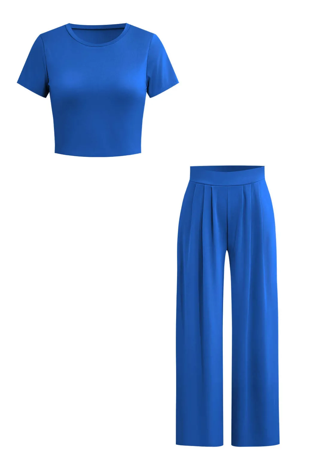 Basic Solid Crop T-shirt And Pleated High Waist Wide Leg Pants Set