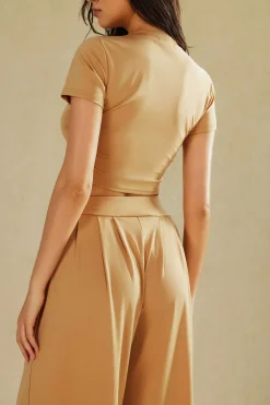 Basic Solid Crop T-shirt And Pleated High Waist Wide Leg Pants Set